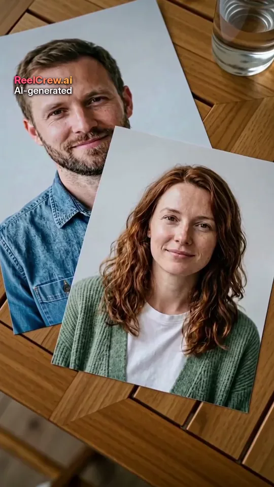 AI-generated example frame: two printed portrait photos of a man and a woman lying on a wooden table, the kind of clear head-and-shoulders input that works well