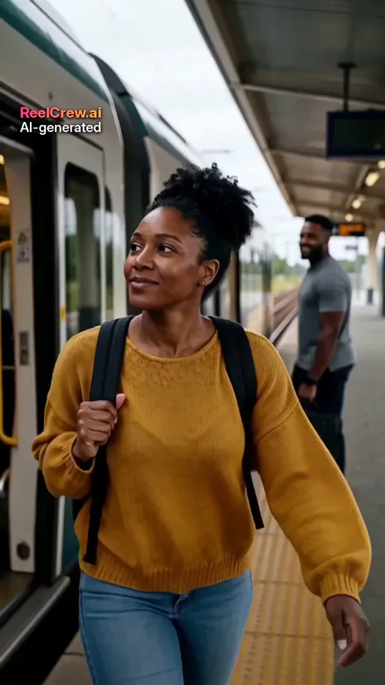 AI-generated example frame from a ReelCrew AI Hug video: a smiling woman with a yellow sweater and backpack on a train platform, before a reunion hug