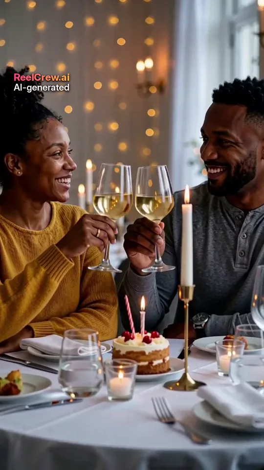 AI-generated example frame from a ReelCrew AI Kiss video: a couple toasting at a candle-lit anniversary dinner, with the small ReelCrew AI-generated label in the corner
