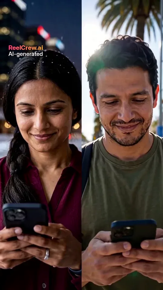 AI-generated example frame from a ReelCrew AI Kiss video: a man and a woman each looking at their phone, made from two separate selfies