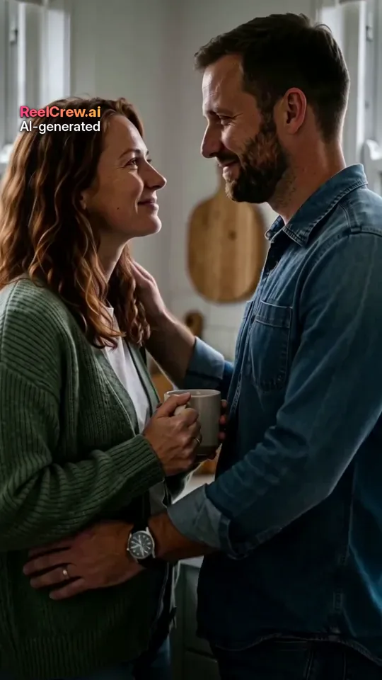 AI-generated example: a couple sharing a quiet moment in a sunlit kitchen, made with the ReelCrew AI Kiss template from two clear, front-facing photos