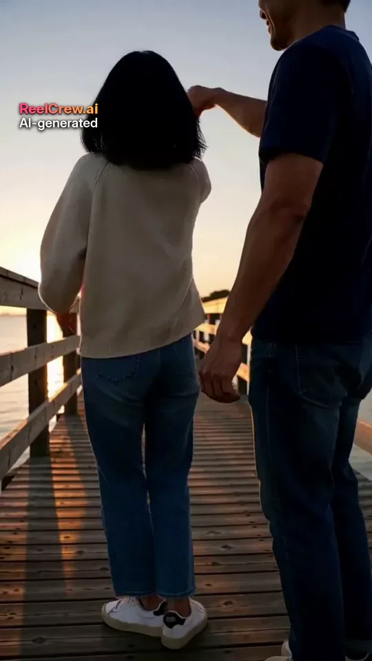 AI-generated example frame from a ReelCrew AI Romantic video: a couple on a wooden boardwalk at sunset, seen from behind