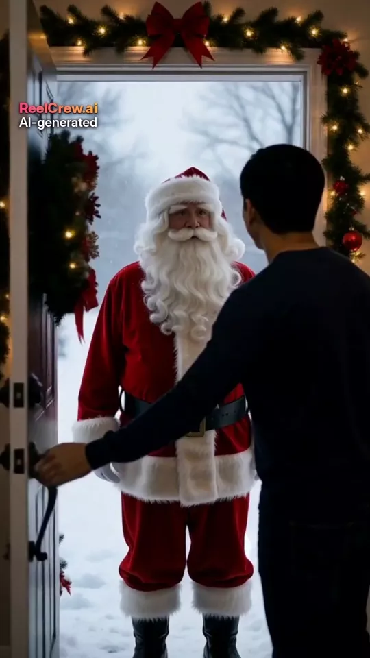 AI-generated example frame from a ReelCrew personalized Santa video: a man at his front door on a snowy evening, surprised to see Santa