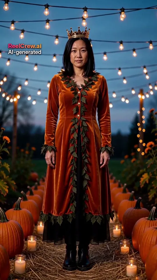 AI Halloween costume generator example: person revealed as pumpkin royalty with a golden crown in a pumpkin patch