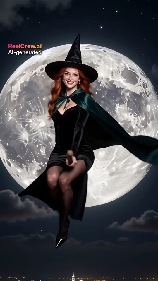 AI-generated example frame: a red-haired witch in a black hat sits on a broom in front of a huge full moon
