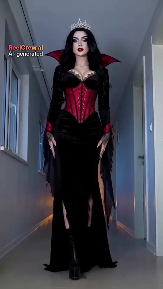 AI-generated example frame: a woman in a gothic vampire costume standing in a hallway, from the Ramalama costume reveal template that needs a full-body photo