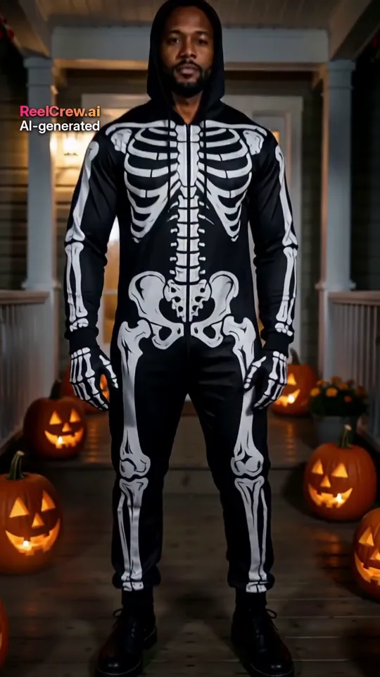 AI Halloween costume generator example: person revealed in a skeleton suit on a foggy pumpkin porch